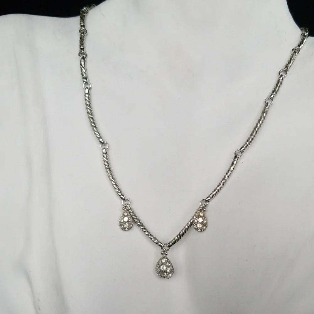 Vintage NOLAN MILLER Raindrop Pave' Rhinestone Silver Plated Necklace EUC